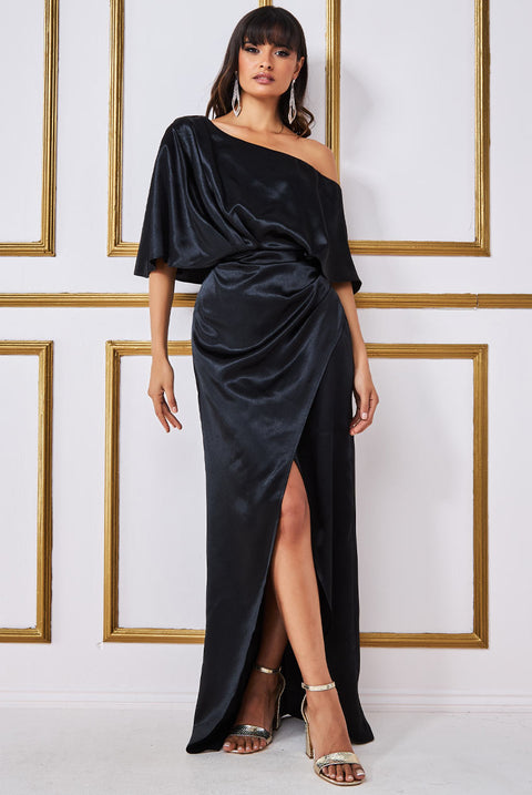 Satin Drape Shoulder Wrap Maxi Dress - Black DR3450