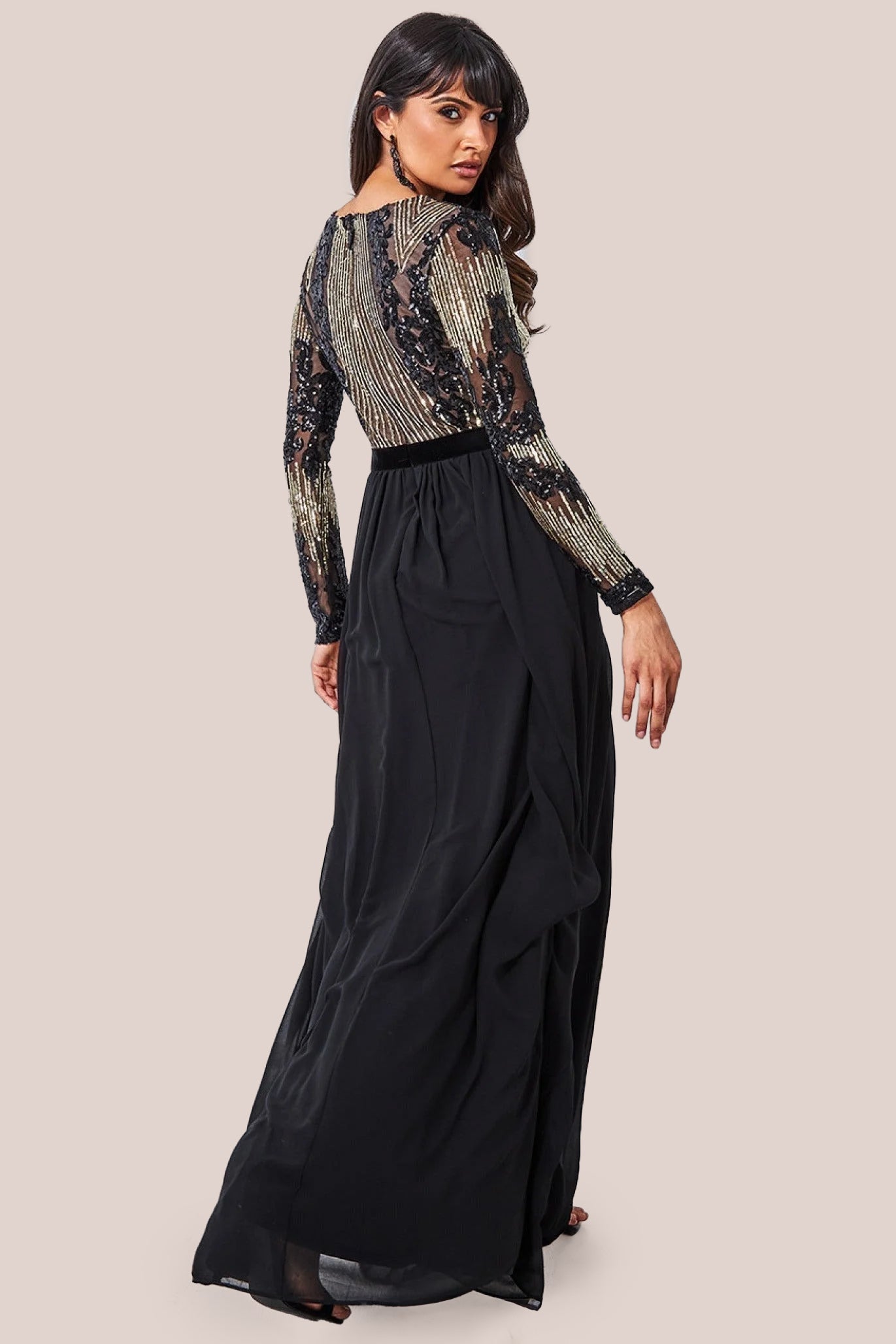 Sequin Mesh Bodice Maxi Dress - Black DR3453