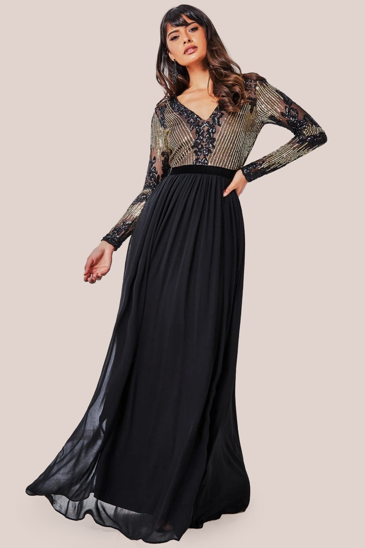 Sequin Mesh Bodice Maxi Dress - Black DR3453