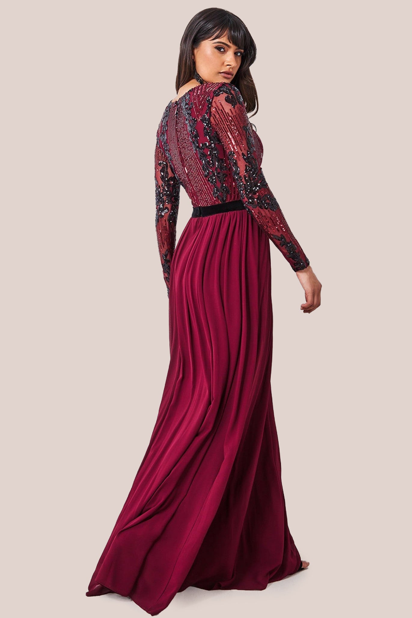 Sequin Mesh Bodice Maxi Dress - Wine DR3453