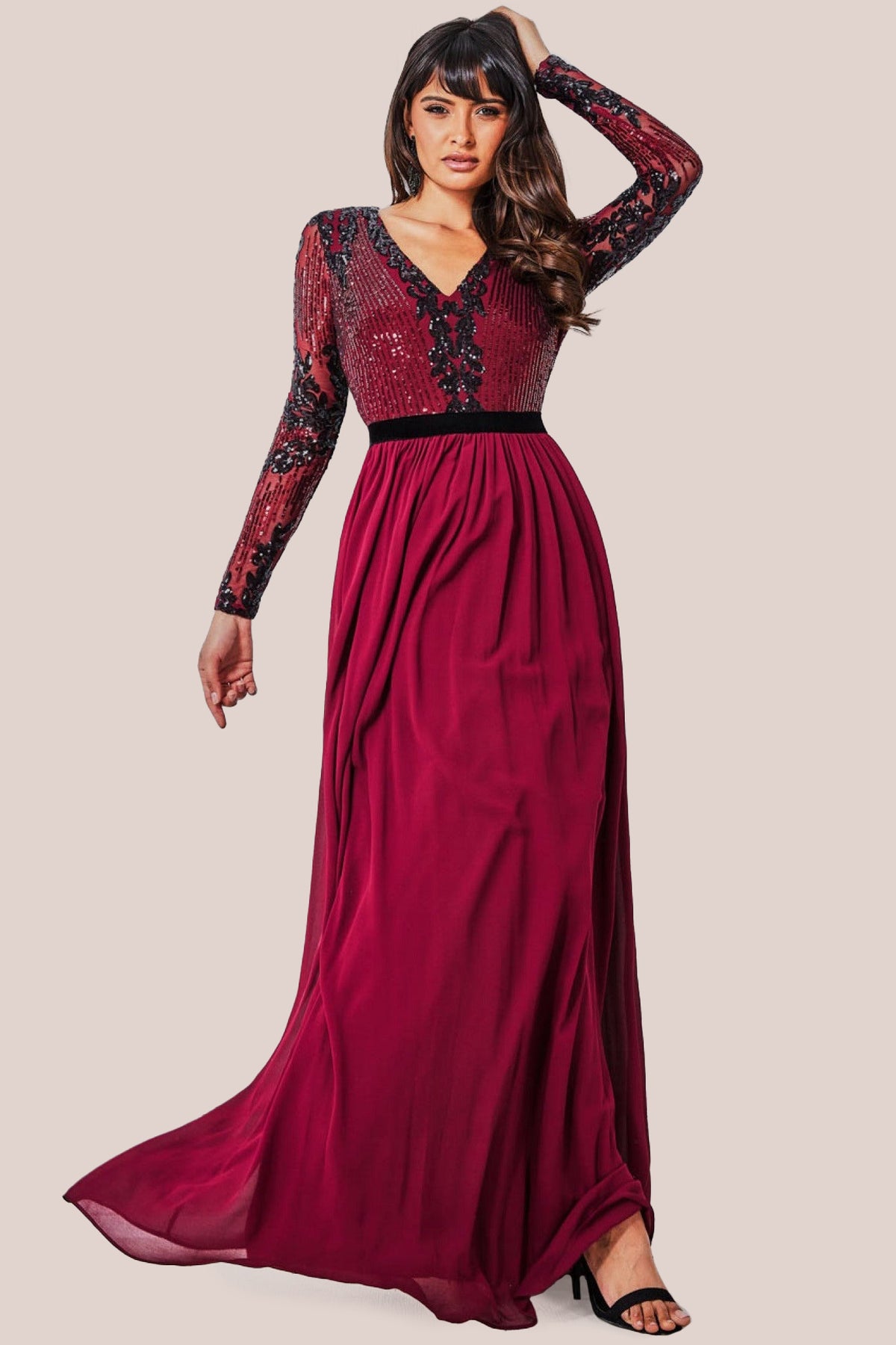 Sequin Mesh Bodice Maxi Dress - Wine DR3453