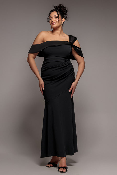 One Shoulder Satin Band Maxi Dress - Black by Goddiva Plus