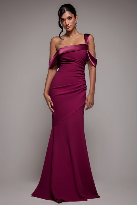 One Shoulder Satin Band Maxi Dress - Burgundy by Goddiva