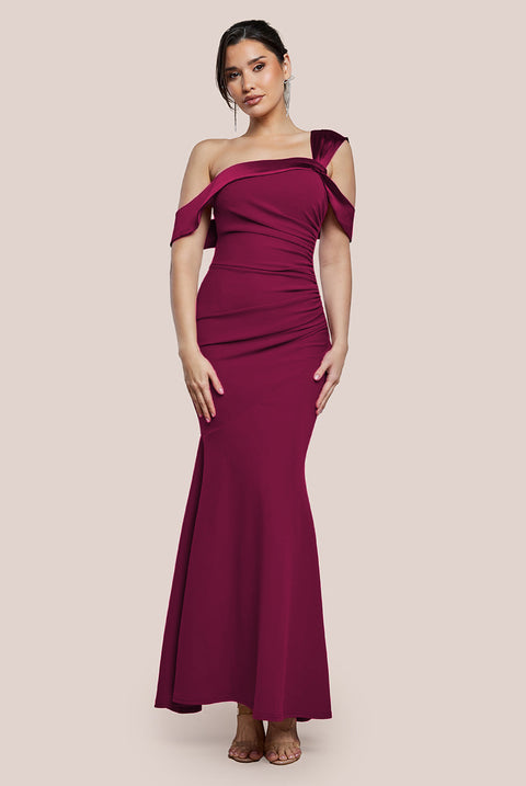 One Shoulder Satin Band Maxi Dress - Burgundy by Goddiva