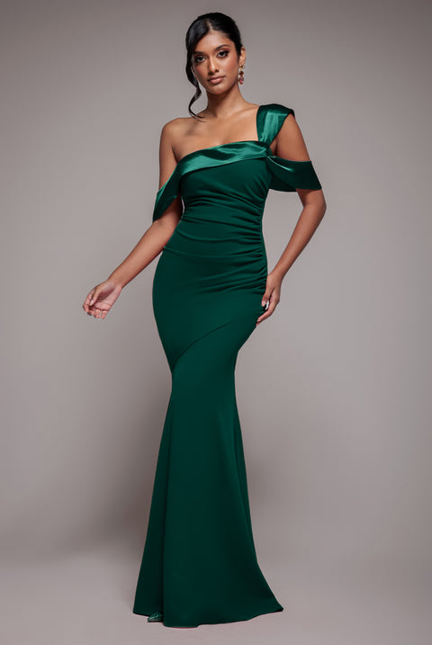 One Shoulder Satin Band Maxi Dress - Emerald Green by Goddiva
