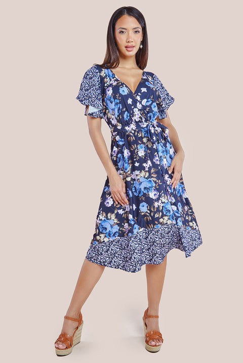 Flutter Sleeve Printed Midi Dress - Navy Print DR3462