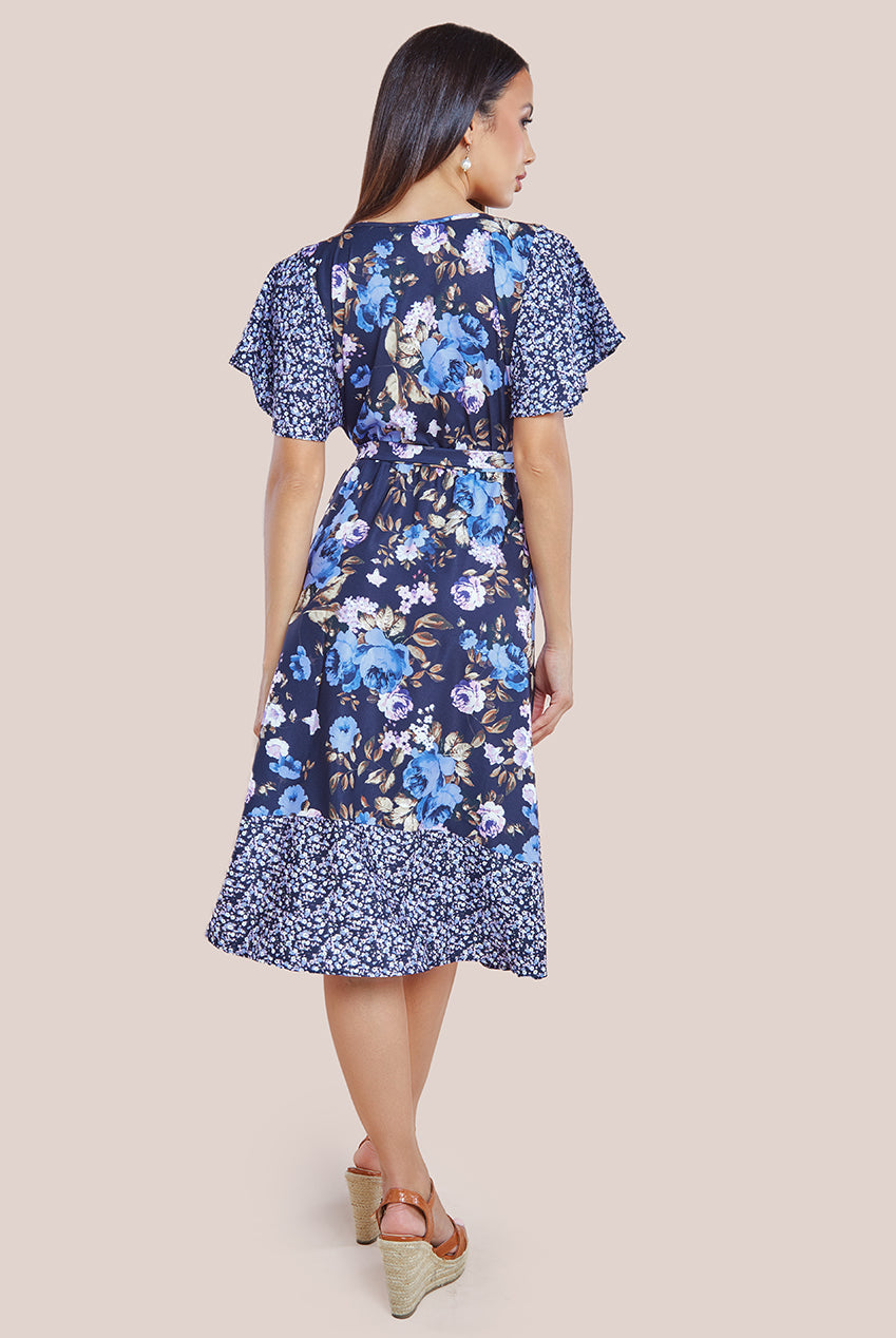 Flutter Sleeve Printed Midi Dress - Navy Print DR3462