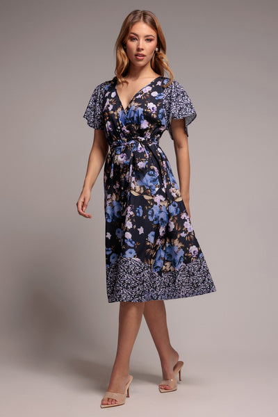 Navy Print - Flutter Sleeve Printed Midi Dress - Navy Print by Goddiva