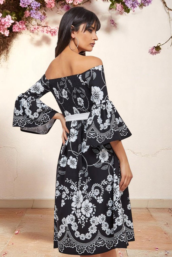 Printed Off The Shoulder Midi Dress - Black DR3467