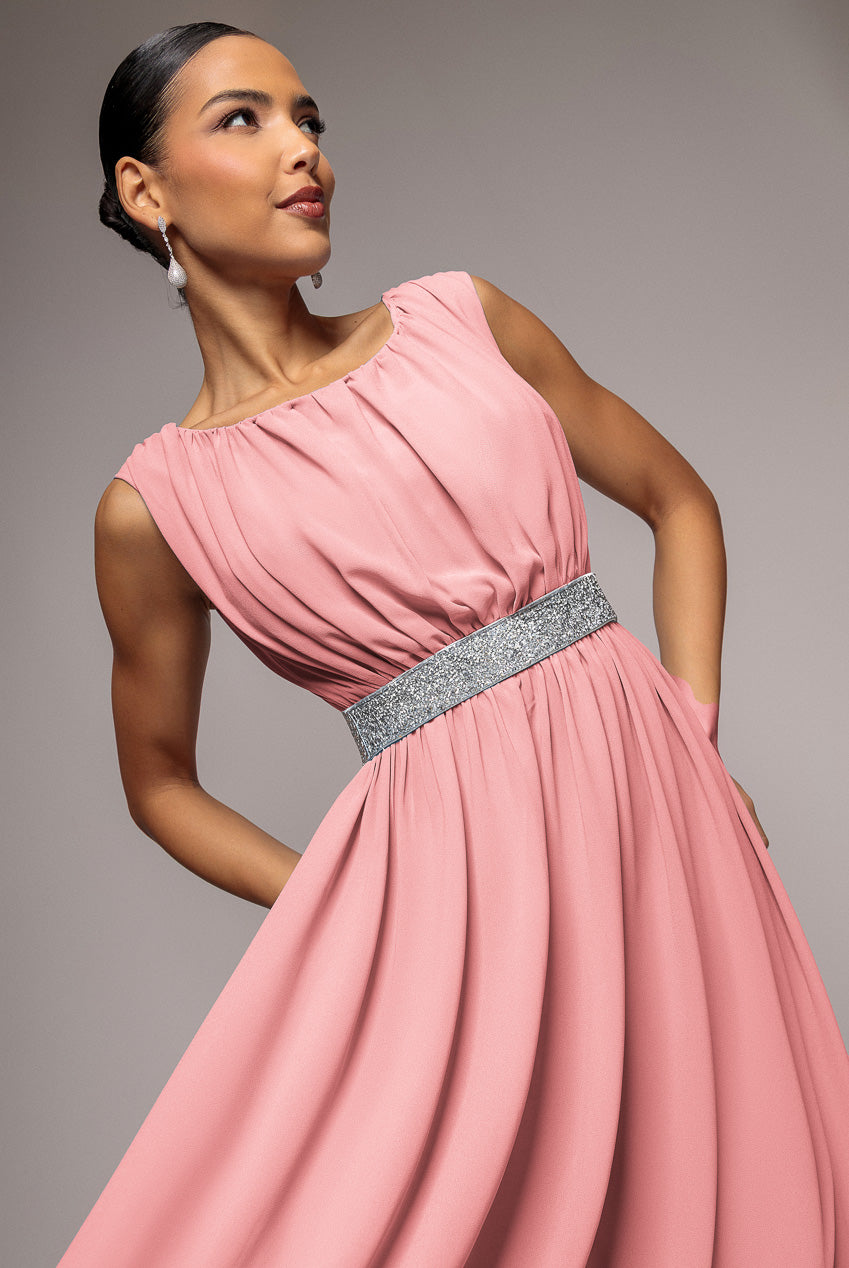 Chiffon Maxi With Embellished Belt - Peach