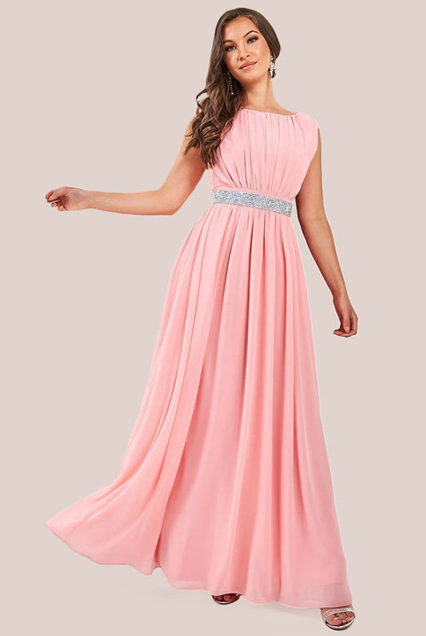 Chiffon Maxi With Embellished Belt - Peach by Goddiva