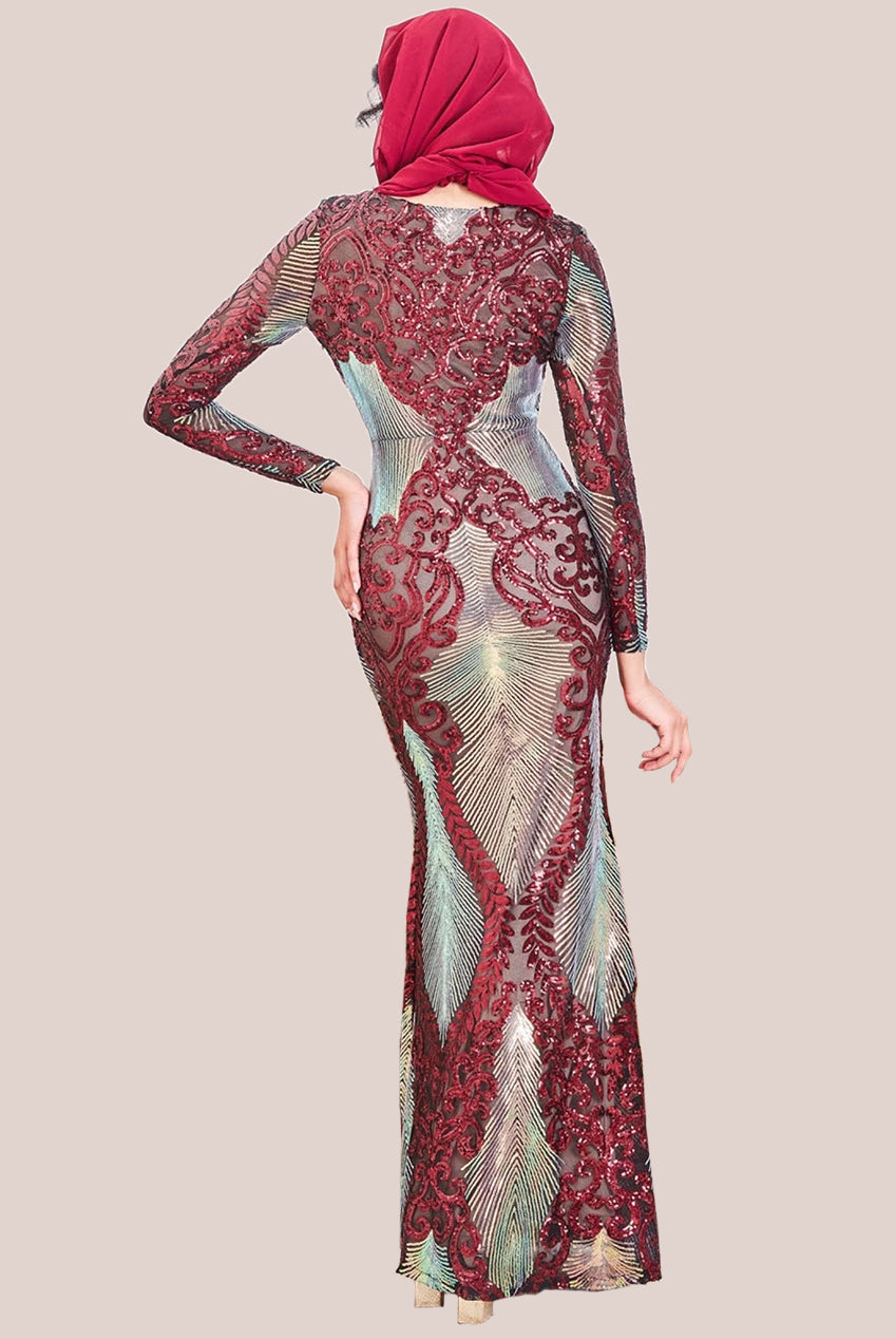 Modesty Contrast Sequin Maxi Dress - Wine DR3475MOD