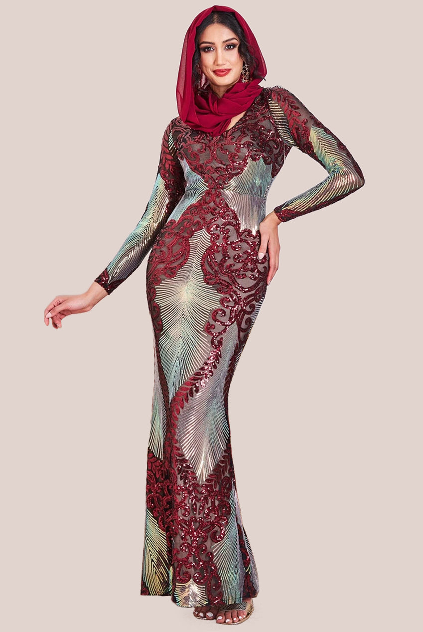 Modesty Contrast Sequin Maxi Dress - Wine DR3475MOD