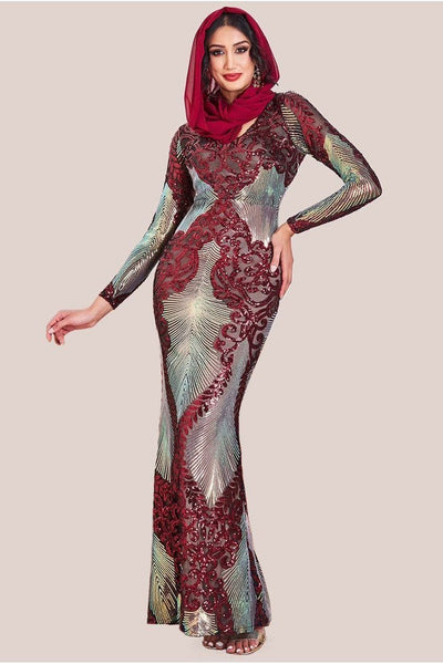 Wine - Modesty Contrast Sequin Maxi Dress - Wine by Goddiva