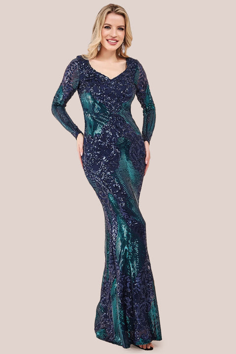 Contrast Sequin Long Sleeve Maxi Dress - Emerald DR3475