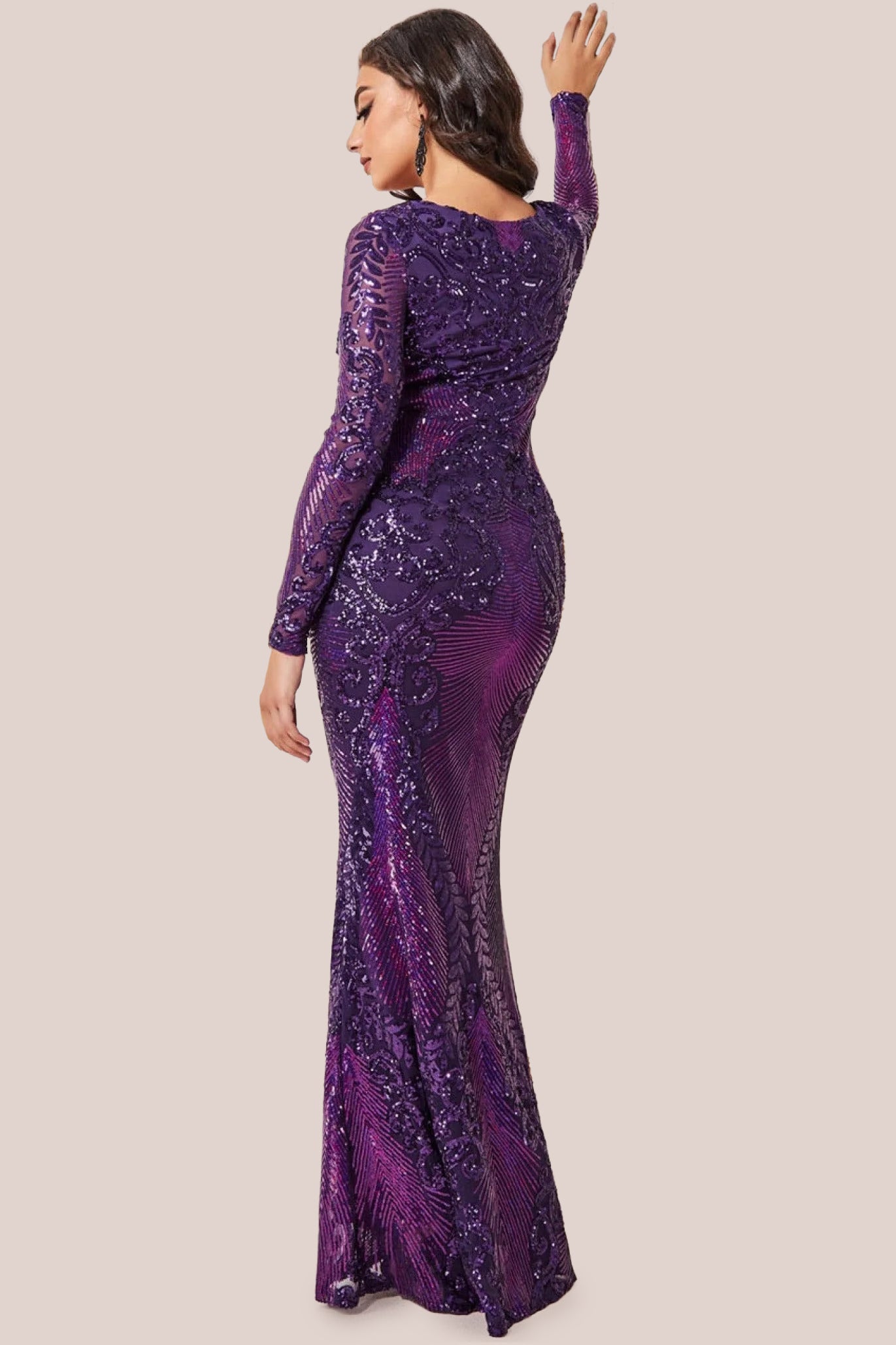 Contrast Sequin Long Sleeve Maxi Dress - Purple DR3475