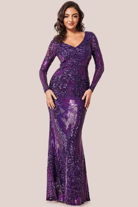 Contrast Sequin Long Sleeve Maxi Dress - Purple DR3475