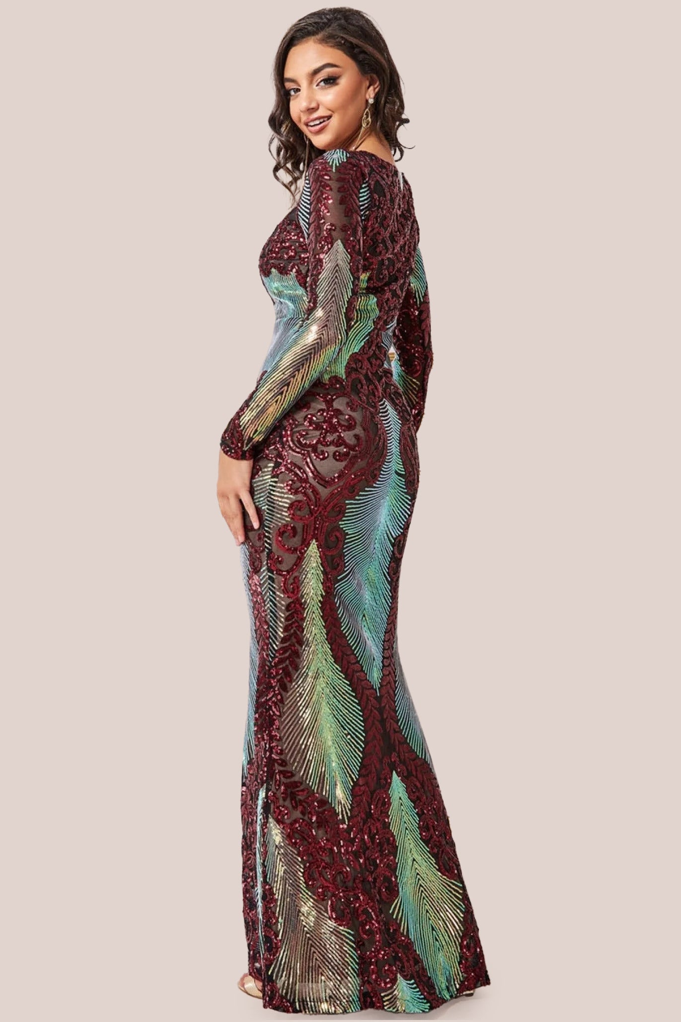 Contrast Sequin Long Sleeve Maxi Dress - Wine DR3475