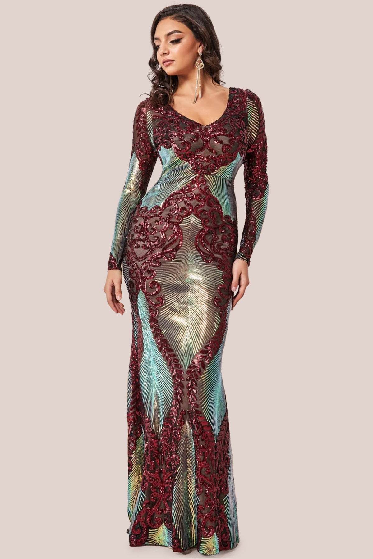 Contrast Sequin Long Sleeve Maxi Dress - Wine DR3475