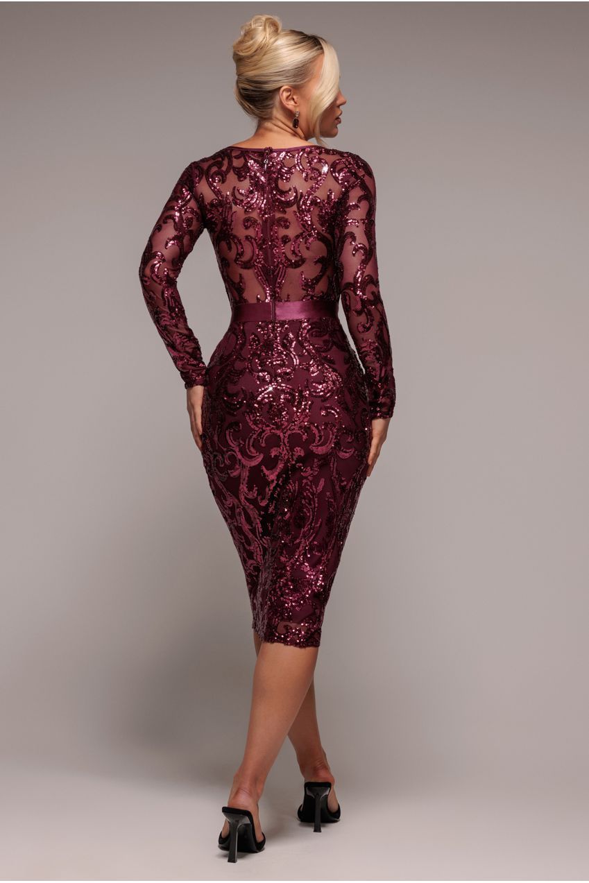 Sequin & Mesh Midi Dress - Burgundy | Goddiva Sequin & Mesh Midi Dress - Burgundy | Goddiva