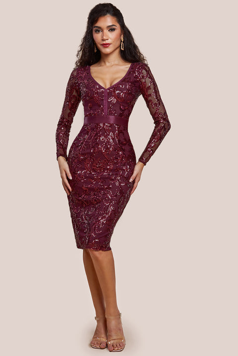 Sequin & Mesh Midi Dress - Burgundy DR3476