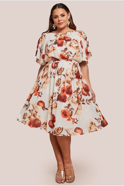 Beige - Wrap Back Flutter Sleeve Midi Dress - Beige by Goddiva Plus