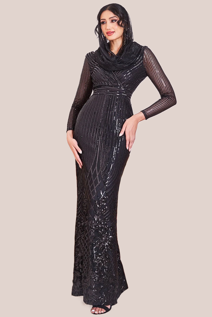 Modesty Sequin Wrap Maxi Dress - Black DR3485MOD