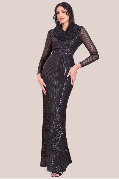 Long Sleeve Sequin V Wrap Maxi Dress - Black | Goddiva Long Sleeve Sequin V Wrap Maxi Dress - Black | Goddiva