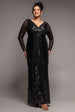 Long Sleeve Sequin V Wrap Maxi Dress - Black by Goddiva Plus