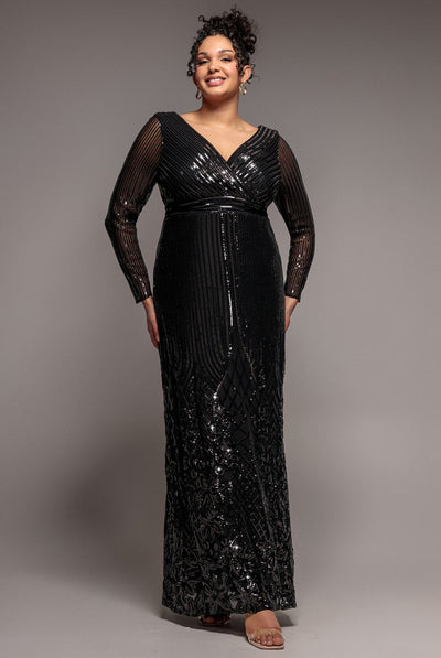 Black - Long Sleeve Sequin V Wrap Maxi Dress - Black by Goddiva Plus
