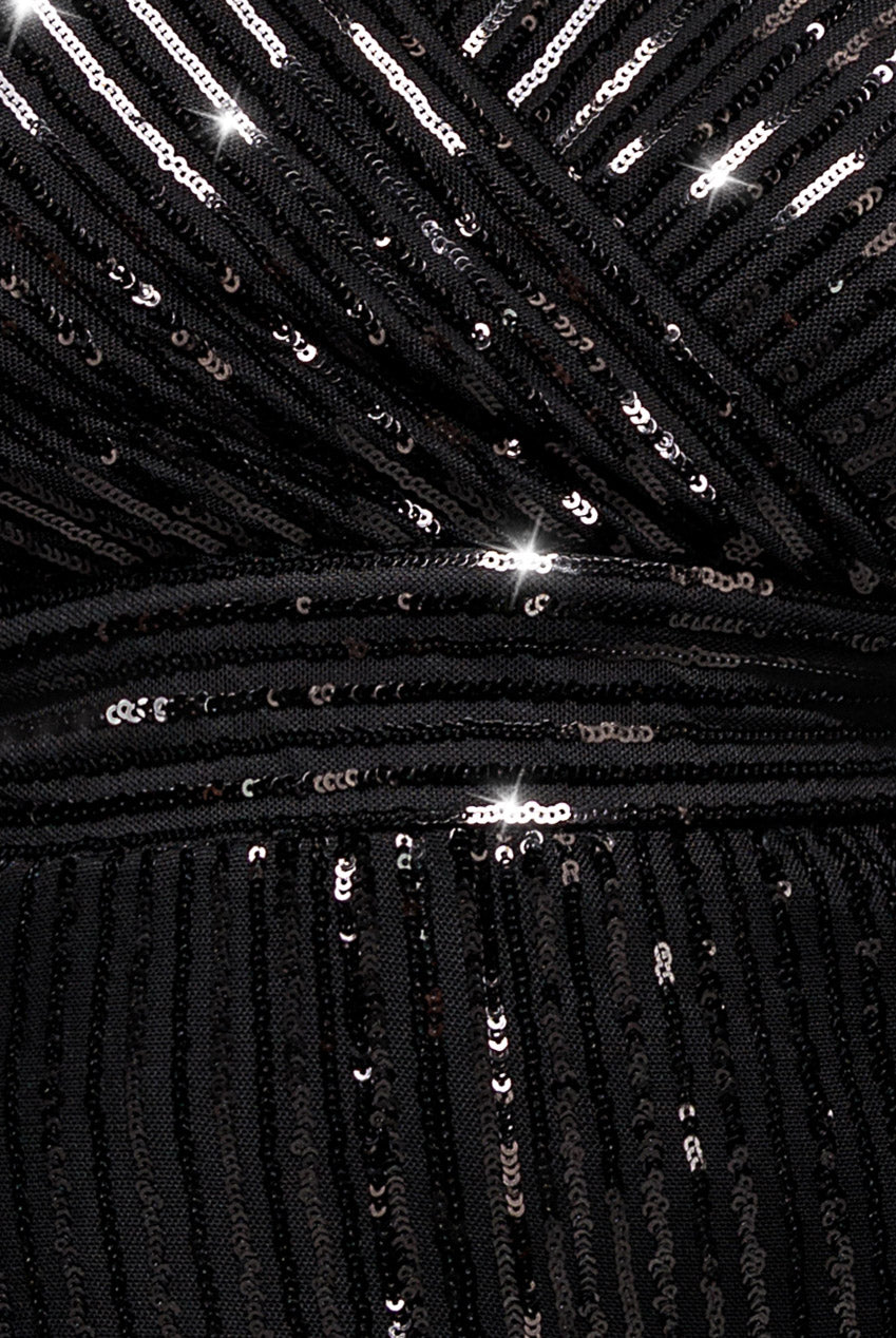 Long Sleeve Sequin V Wrap Maxi Dress - Black DR3485PLUS