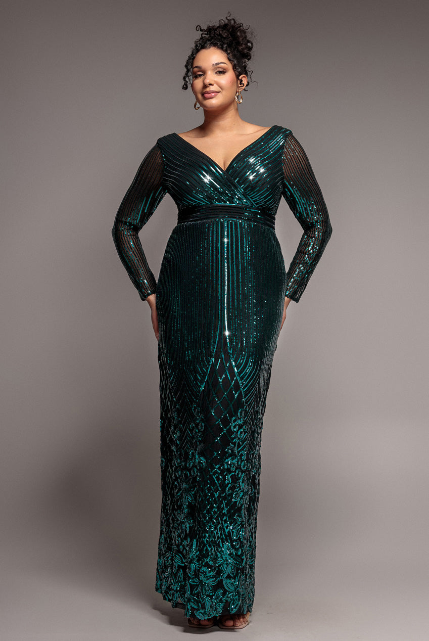 Long Sleeve Sequin V Wrap Maxi Dress - Emerald Green DR3485PLUS