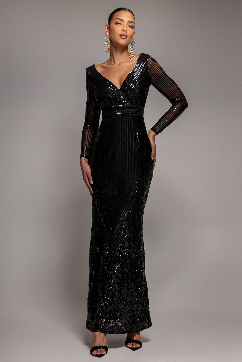 Long Sleeve Sequin V Wrap Maxi Dress - Black DR3485