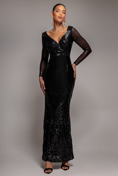 Long Sleeve Sequin V Wrap Maxi Dress - Black by Goddiva