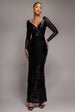 Long Sleeve Sequin V Wrap Maxi Dress - Black by Goddiva