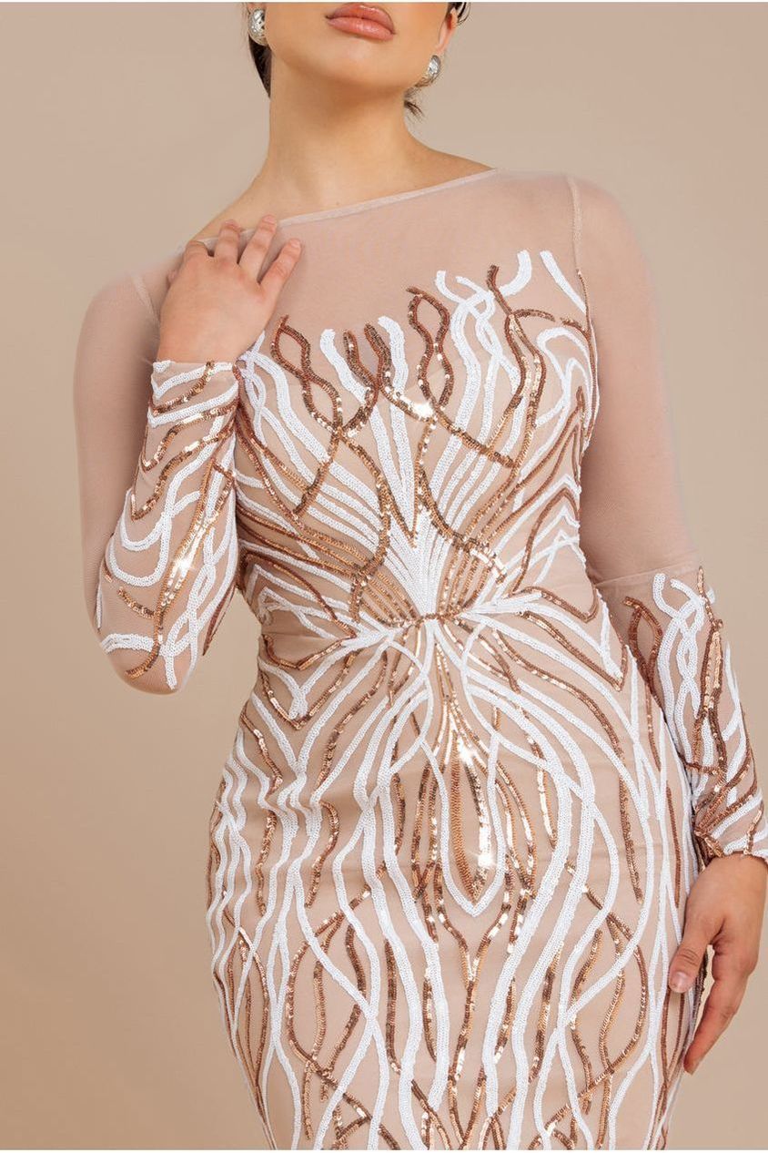 Long Sleeve Sequin Flame Maxi - Champagne DR3486