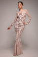 Long Sleeve Sequin Flame Maxi - Champagne by Goddiva
