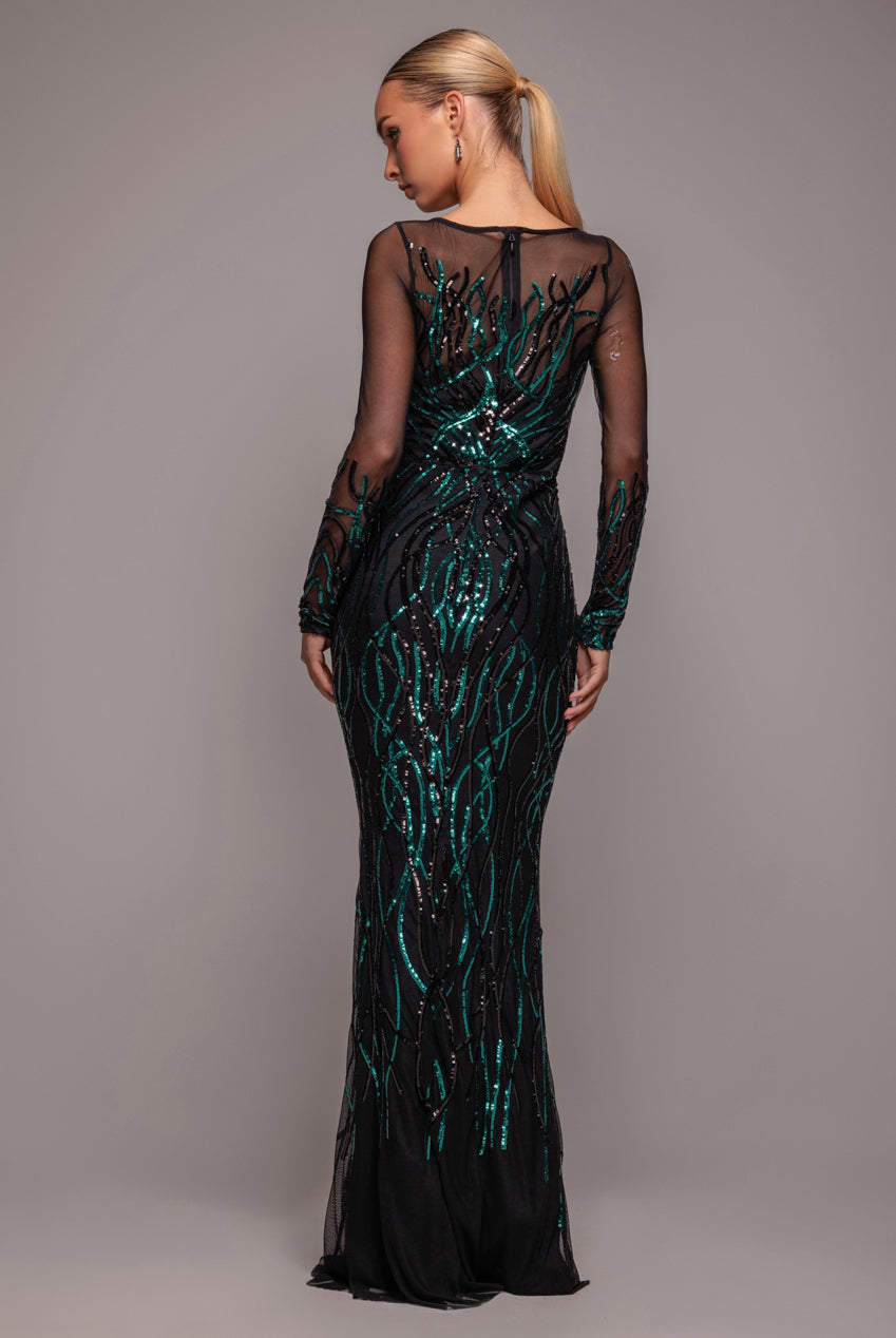 Long Sleeve Sequin Flame Maxi - Emerald Green DR3486