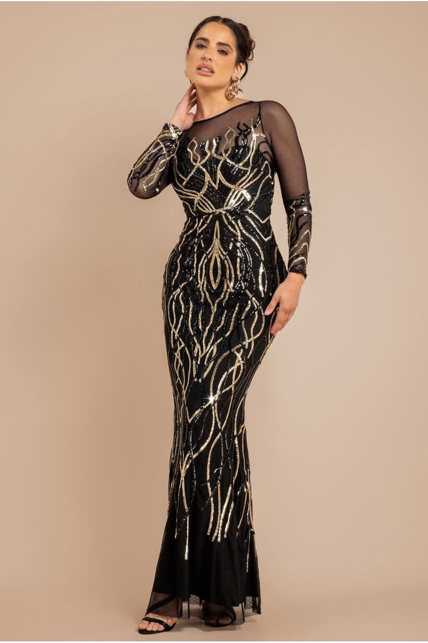 Long Sleeve Sequin Flame Maxi - Gold DR3486