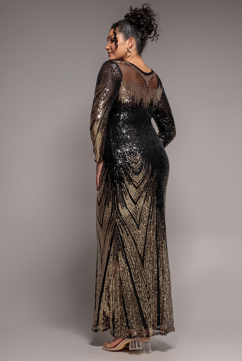 Long Sleeve Aztec Sequin Maxi Dress - Gold DR3490PLUS