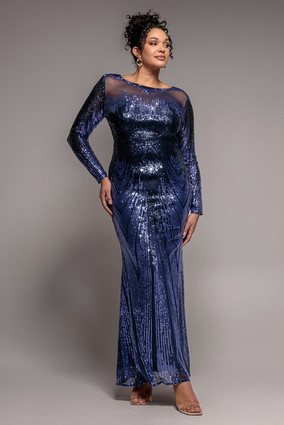 Navy - Long Sleeve Aztec Sequin Maxi Dress - Navy by Goddiva Plus