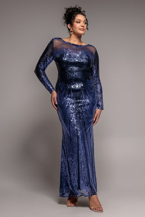 Long Sleeve Aztec Sequin Maxi Dress - Navy by Goddiva Plus