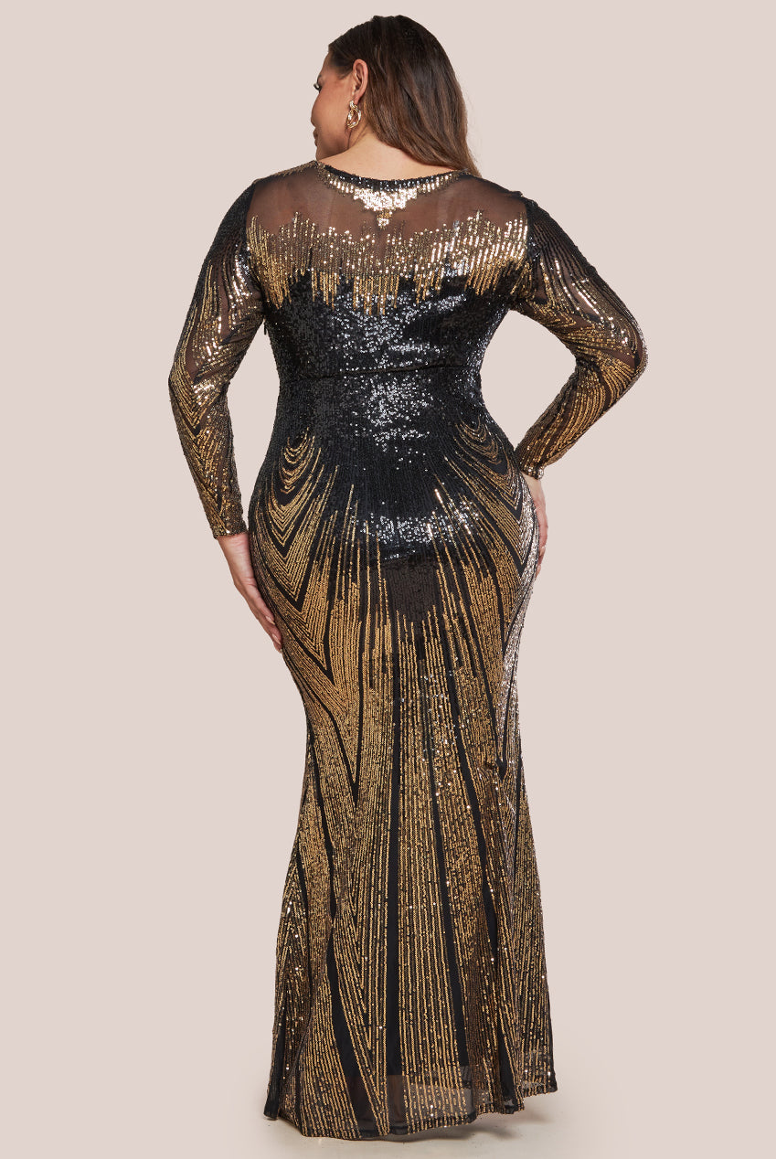 Long Sleeve Aztec Sequin Maxi Dress - Gold DR3490PLUS