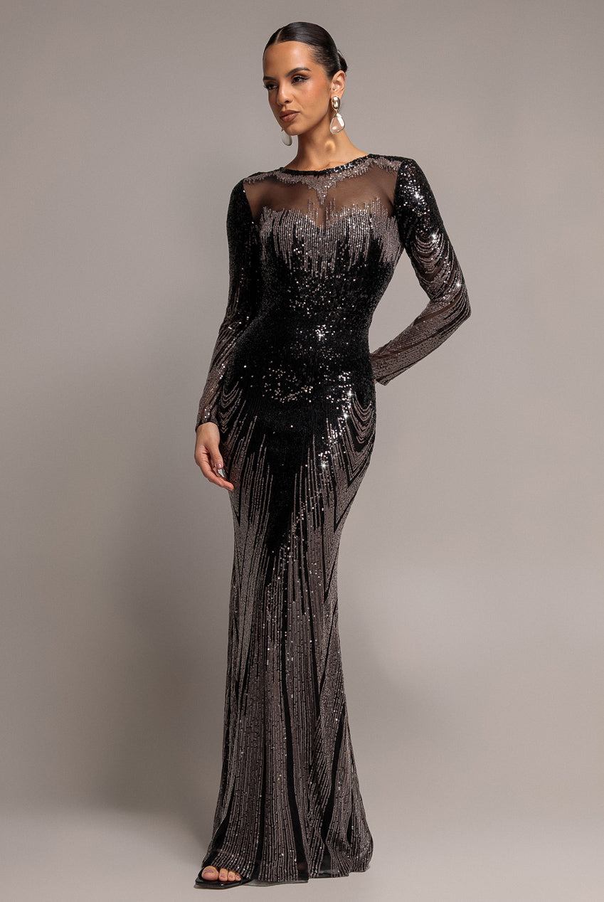 Long Sleeve Aztec Sequin Maxi Dress - Black DR3490