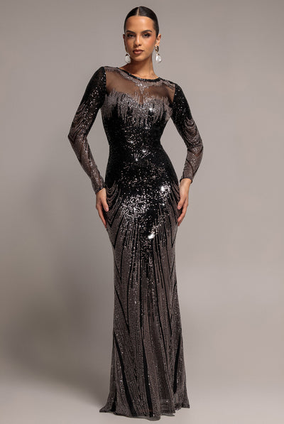 Black - Long Sleeve Aztec Sequin Maxi Dress - Black by Goddiva