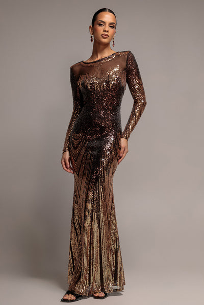 Brown - Long Sleeve Aztec Sequin Maxi Dress - Brown by Goddiva