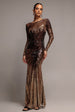 Long Sleeve Aztec Sequin Maxi Dress - Brown by Goddiva
