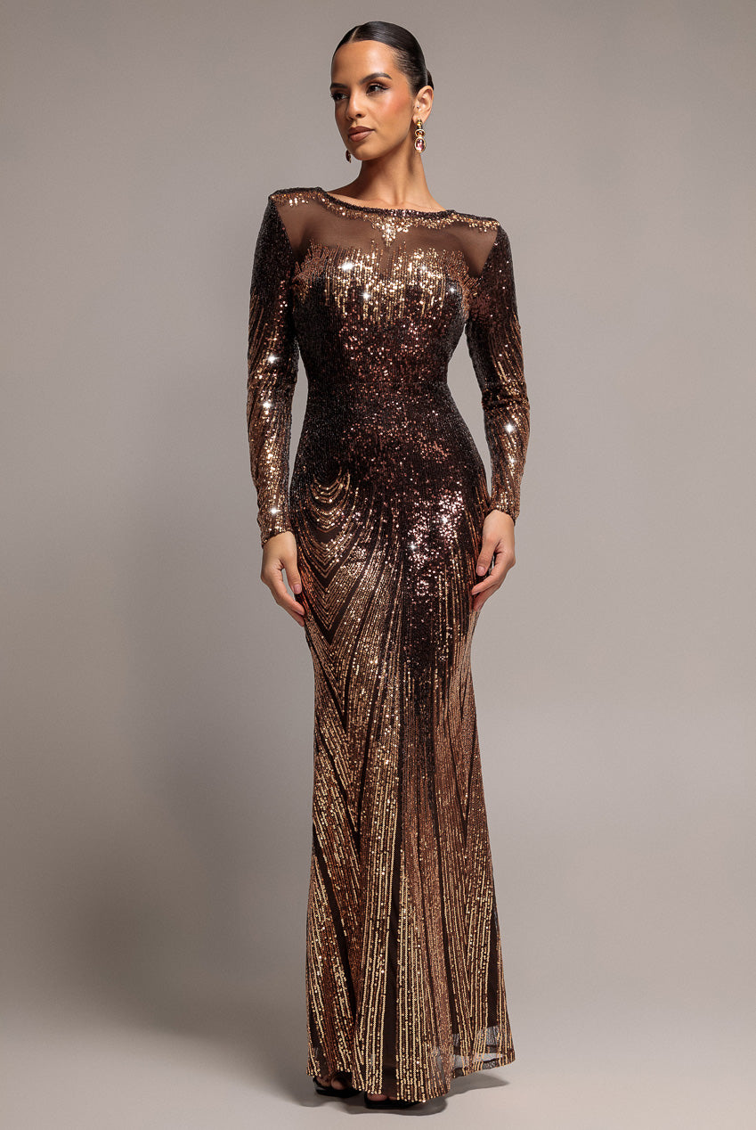 Long Sleeve Aztec Sequin Maxi Dress - Brown DR3490