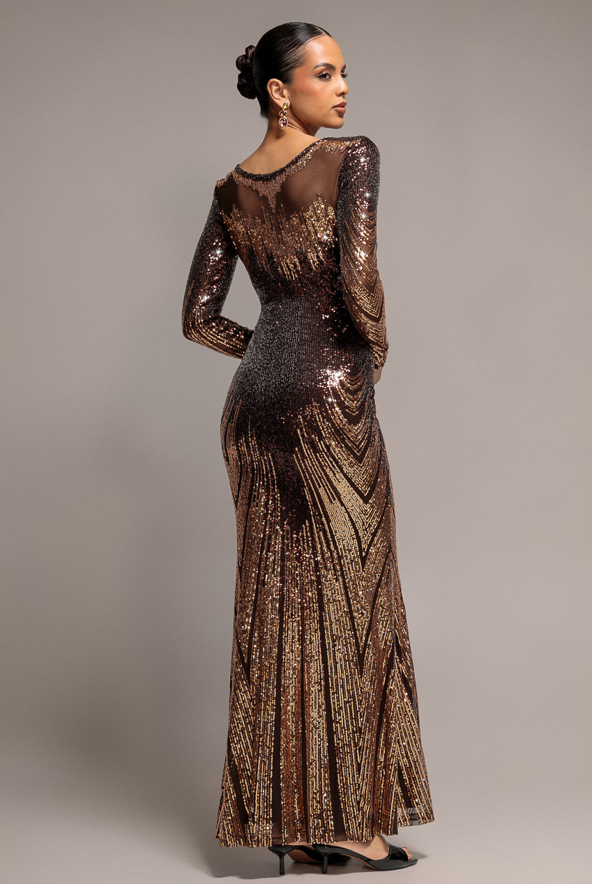 Long Sleeve Aztec Sequin Maxi Dress - Brown DR3490
