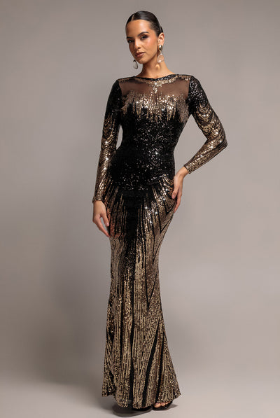 Long Sleeve Aztec Sequin Maxi Dress - Gold by Goddiva